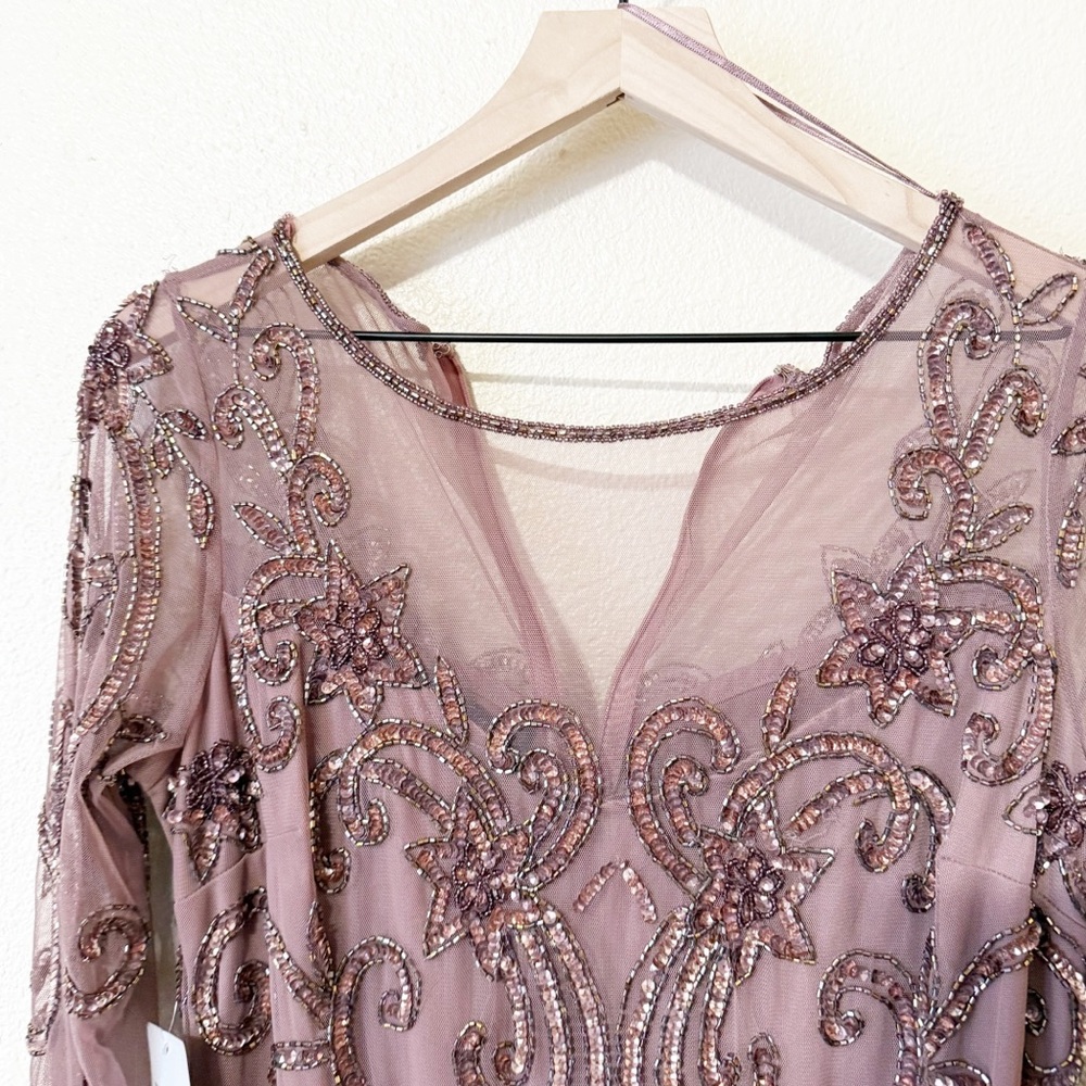 Pisarro Nights Beaded Illusion Neck Gown Mauve Tulle Flare Godet Hem Midi Size 6 - Picture 14 of 14